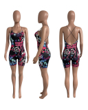 Women Sleeveless V-neck Stylish Pattern Print Backless Rompers Black White S-2XL