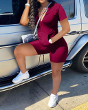 Women Short Sleeve Zipper Tops Fashion Solid Color Short Sets Two Pieces Outfit Orange Yellow Gray Black Navy Blue Wine Red S-2XL