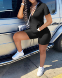 Women Short Sleeve Zipper Tops Fashion Solid Color Short Sets Two Pieces Outfit Orange Yellow Gray Black Navy Blue Wine Red S-2XL