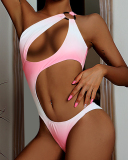 New Women One Shoulder Hollow Out Slash Neck Gradient One-piece Swimsuit Pink S-L