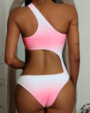 New Women One Shoulder Hollow Out Slash Neck Gradient One-piece Swimsuit Pink S-L