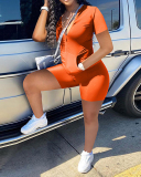 Women Short Sleeve Zipper Tops Fashion Solid Color Short Sets Two Pieces Outfit Orange Yellow Gray Black Navy Blue Wine Red S-2XL