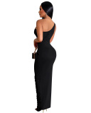Solid Color Women Single Shoulder Casual Dress Hollow Out Dress S-XXL