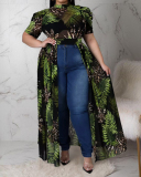 Newest Women Short Puff Sleeve Florals O-neck Mesh Hollow Out Long Hem Plus Size Top Black Green Colorful Blue Green XL-5XL