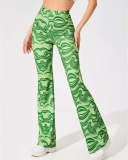 Women Printing High Waist Casual Long Pants Red Gray Green Purple Orange Coffee S-5XL