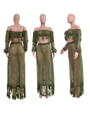 Top Sale Women Hole Tassel Long Sleeve Solid Color Summer Beach Wear Casual Skirt Sets Two Pieces Outfit S-3XL
