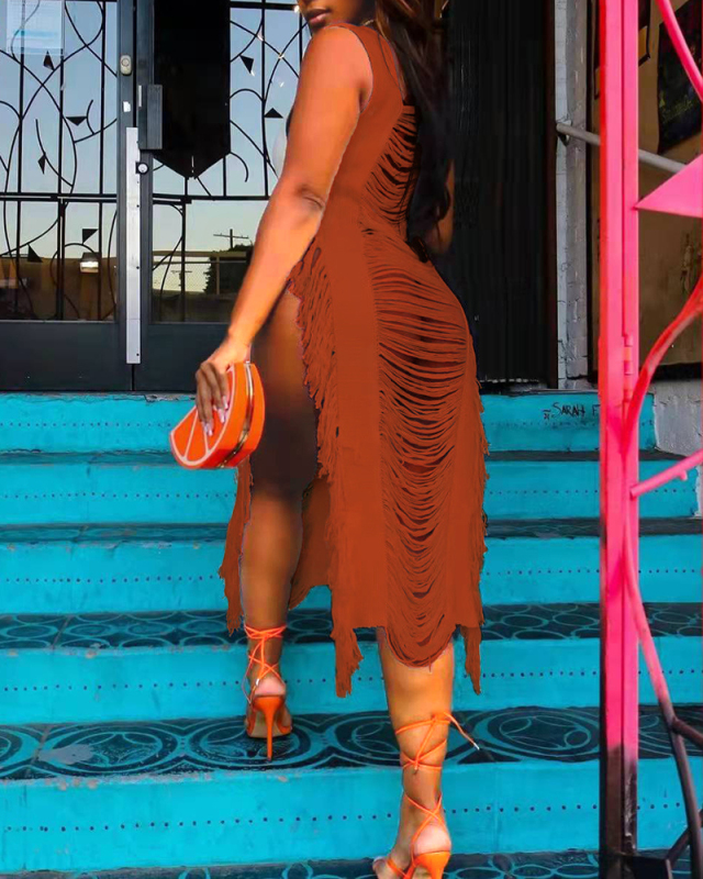 Summer Beach Sleeveless Hollow Out Tassel Square Collar Midi Dresses Casual Dresses White Orange Red Black S-2XL