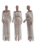 Top Sale Women Hole Tassel Long Sleeve Solid Color Summer Beach Wear Casual Skirt Sets Two Pieces Outfit S-3XL