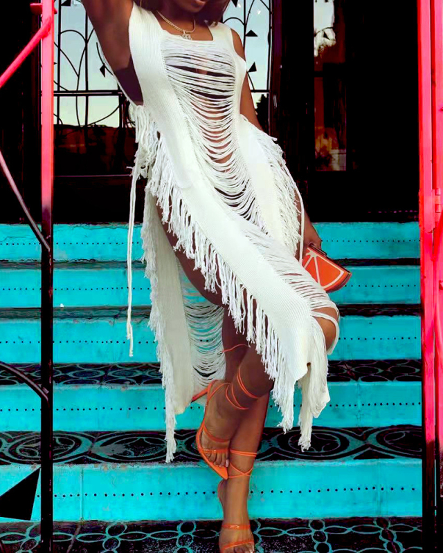 Summer Beach Sleeveless Hollow Out Tassel Square Collar Midi Dresses Casual Dresses White Orange Red Black S-2XL