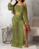 Top Sale Women Hole Tassel Long Sleeve Solid Color Summer Beach Wear Casual Skirt Sets Two Pieces Outfit S-3XL