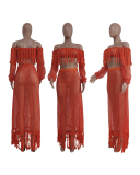 Top Sale Women Hole Tassel Long Sleeve Solid Color Summer Beach Wear Casual Skirt Sets Two Pieces Outfit S-3XL