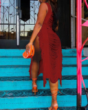 Summer Beach Sleeveless Hollow Out Tassel Square Collar Midi Dresses Casual Dresses White Orange Red Black S-2XL