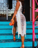 Summer Beach Sleeveless Hollow Out Tassel Square Collar Midi Dresses Casual Dresses White Orange Red Black S-2XL