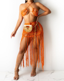 Women Mesh Knit Hollow Out Sleeveless Tassel Beach Wear Two Pieces Outfit White Orange Black Fluorescent Green Rose Red Khaki S-2XL