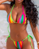 Lady Colorblock Tie Side String Halter Two Piece Swimwear S-L 