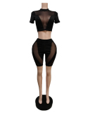 Woman Solid Color Mesh Patchwork Short Sleeve Sexy Sports Short Sets Two Pieces Outfit Orange Black Rose Red Royal Blue S-3XL