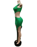 Women Solid Color Sleeveless Slit Hollow Out Maxi Casual Dresses Orange Black Rose Red Army Green S-2XL