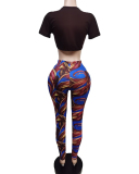 Women Short Sleeve V-neck Crop Casual Pants Sets Two Pieces Outfit Rose Red Coffee Royal Blue S-2XL