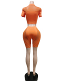 Woman Solid Color Mesh Patchwork Short Sleeve Sexy Sports Short Sets Two Pieces Outfit Orange Black Rose Red Royal Blue S-3XL