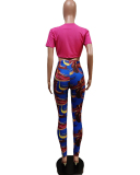 Women Short Sleeve V-neck Crop Casual Pants Sets Two Pieces Outfit Rose Red Coffee Royal Blue S-2XL