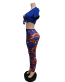 Women Short Sleeve V-neck Crop Casual Pants Sets Two Pieces Outfit Rose Red Coffee Royal Blue S-2XL