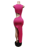 Women Solid Color Sleeveless Slit Hollow Out Maxi Casual Dresses Orange Black Rose Red Army Green S-2XL