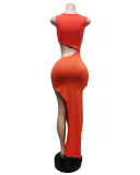 Women Solid Color Sleeveless Slit Hollow Out Maxi Casual Dresses Orange Black Rose Red Army Green S-2XL