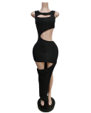 Women Solid Color Sleeveless Slit Hollow Out Maxi Casual Dresses Orange Black Rose Red Army Green S-2XL
