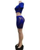 Woman Solid Color Mesh Patchwork Short Sleeve Sexy Sports Short Sets Two Pieces Outfit Orange Black Rose Red Royal Blue S-3XL