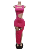 Women Solid Color Sleeveless Slit Hollow Out Maxi Casual Dresses Orange Black Rose Red Army Green S-2XL