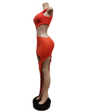 Women Solid Color Sleeveless Slit Hollow Out Maxi Casual Dresses Orange Black Rose Red Army Green S-2XL