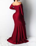 Solid Color Elegant Off Shoulder Long Sleeve Women Maxi Dresses Evening Dress Red Green Black Blue S-2XL