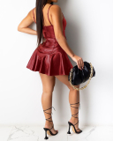 Women PU Strappy Sleeveless Solid Color Mini Dresses Casual Dresses Wine Red Black Blue S-2XL