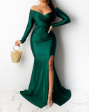 Solid Color Elegant Off Shoulder Long Sleeve Women Maxi Dresses Evening Dress Red Green Black Blue S-2XL