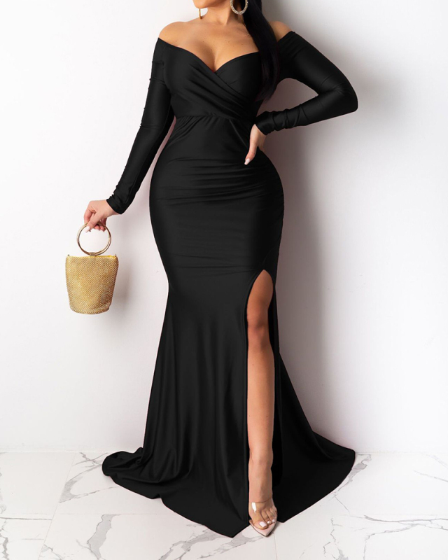 Solid Color Elegant Off Shoulder Long Sleeve Women Maxi Dresses Evening Dress Red Green Black Blue S-2XL
