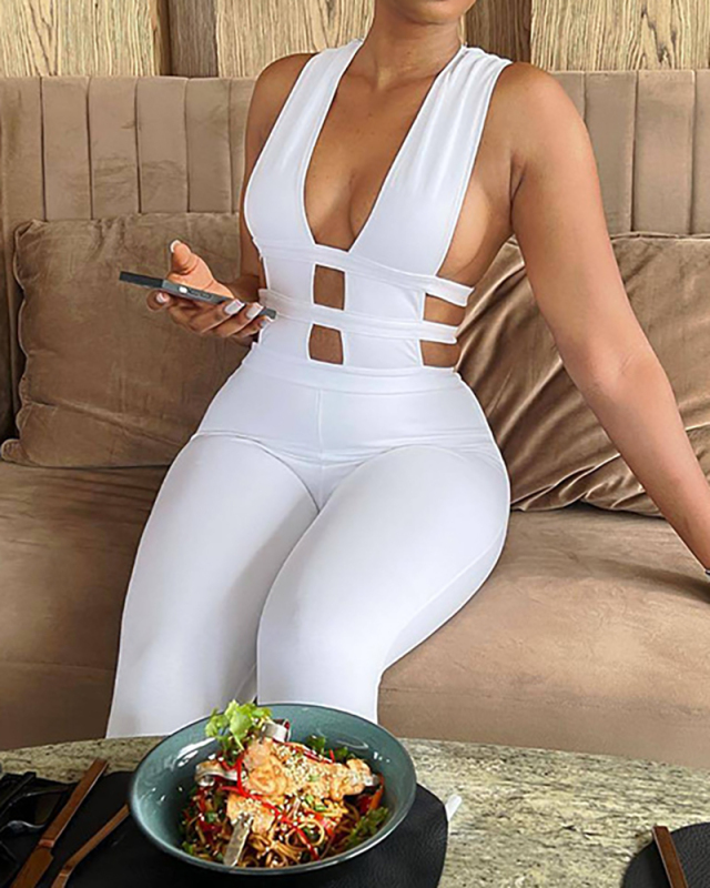 Women Hollow Out Solid Color High Waist Casual Jumpsuit White Black Blue S-L 