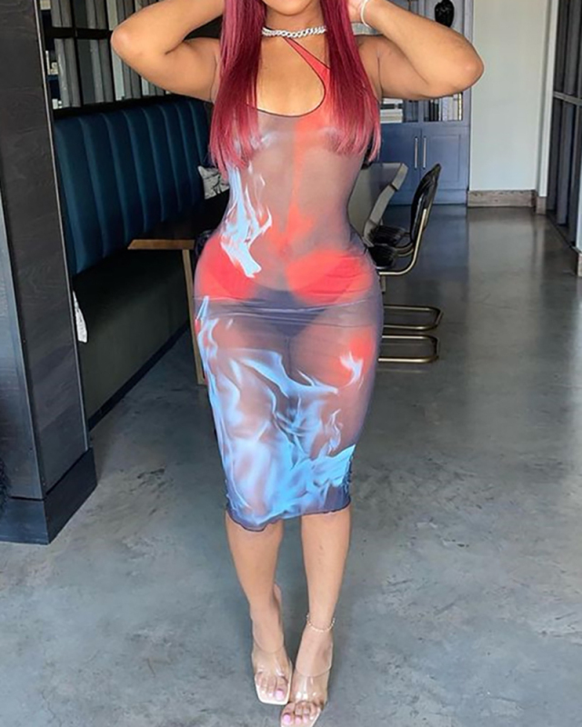 Slash Neck Sleeveless Women Sexy See Through Mesh Casual Midi Dresses Red Purple Light Blue S-XL