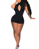 Women Sleeveless Hollow Out Turtleneck Backless Short Sets Two Pieces Outfit Red Black Blue S-2XL