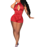 Women Sleeveless Hollow Out Turtleneck Backless Short Sets Two Pieces Outfit Red Black Blue S-2XL