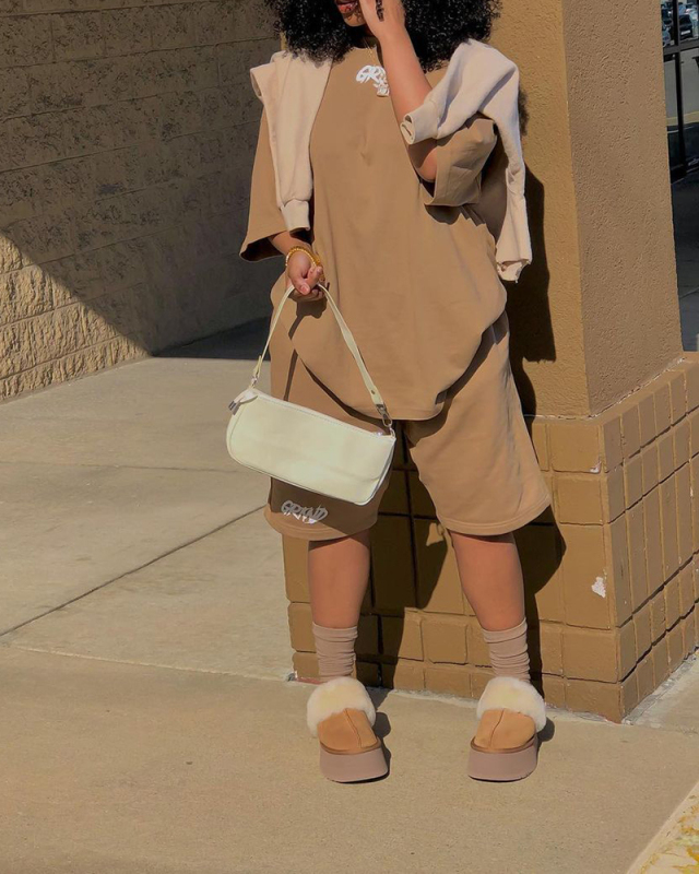 Women Street Style Letter Printing Two Piece Set Khaki S-XL 