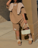 Women Street Style Letter Printing Two Piece Set Khaki S-XL 