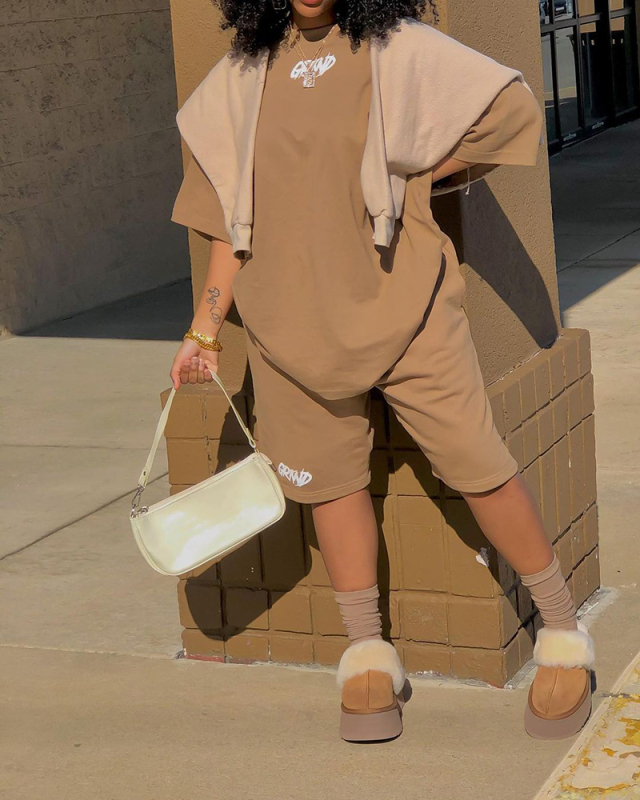 Women Street Style Letter Printing Two Piece Set Khaki S-XL 