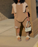 Women Street Style Letter Printing Two Piece Set Khaki S-XL 