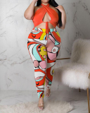 Hot Sale Criss Cross Backless Sleeveless Colorblock Fashion Women Plus Size Two Piece Sets Black Rose Red Orange XL-5XL