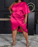 Lady Solid Color Wrap Zipper Irregular Slash Neck Plus Size Dresses Green Rose Red Orange XL-5XL