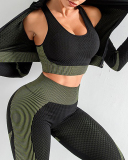Multicolor Women Colorblock Fashion New Long Sleeve High Elastic Three Piece Set S-XL 