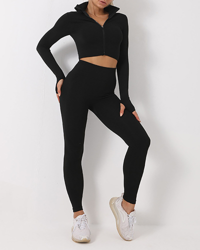 Multicolor Women Colorblock Fashion New Long Sleeve High Elastic Three Piece Set S-XL 