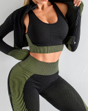Multicolor Women Colorblock Fashion New Long Sleeve High Elastic Three Piece Set S-XL 