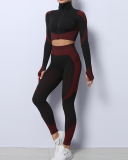 Multicolor Women Colorblock Fashion New Long Sleeve High Elastic Three Piece Set S-XL 