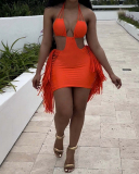 Criss Cross Neck Solid Color Women Sexy Hollow Out Tassel Mini Bodycon Dresses White Yellow Orange Blue S-2XL